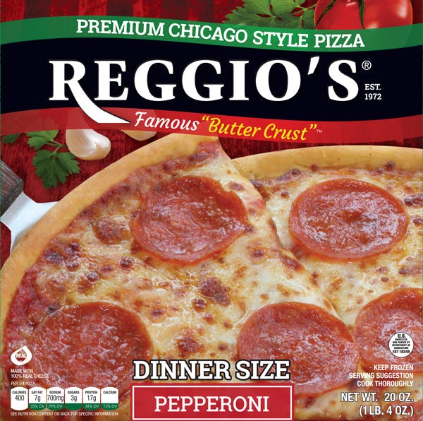 a large pepperoni pizza and a sign