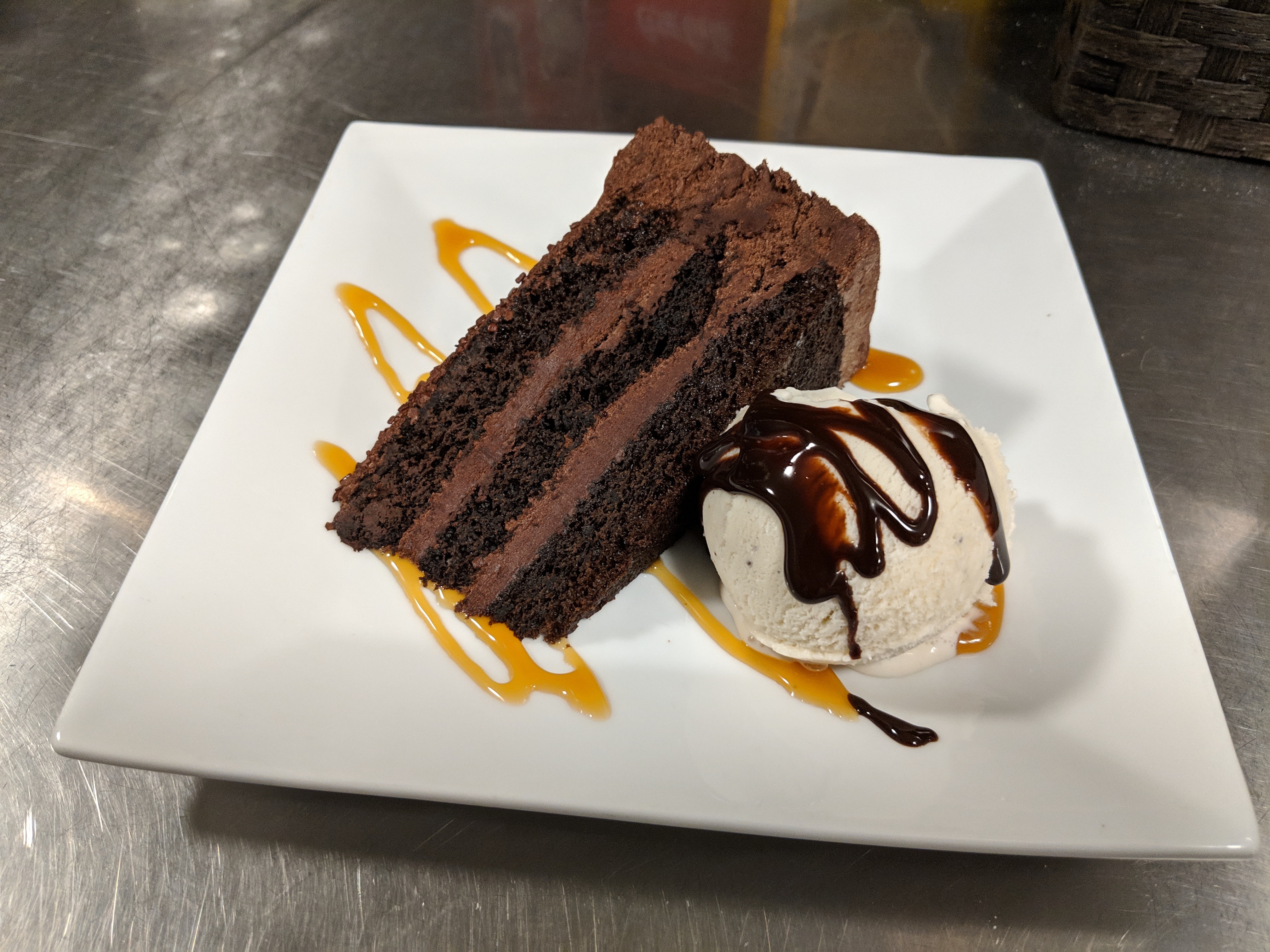 a piece of chocolate cake on a plate