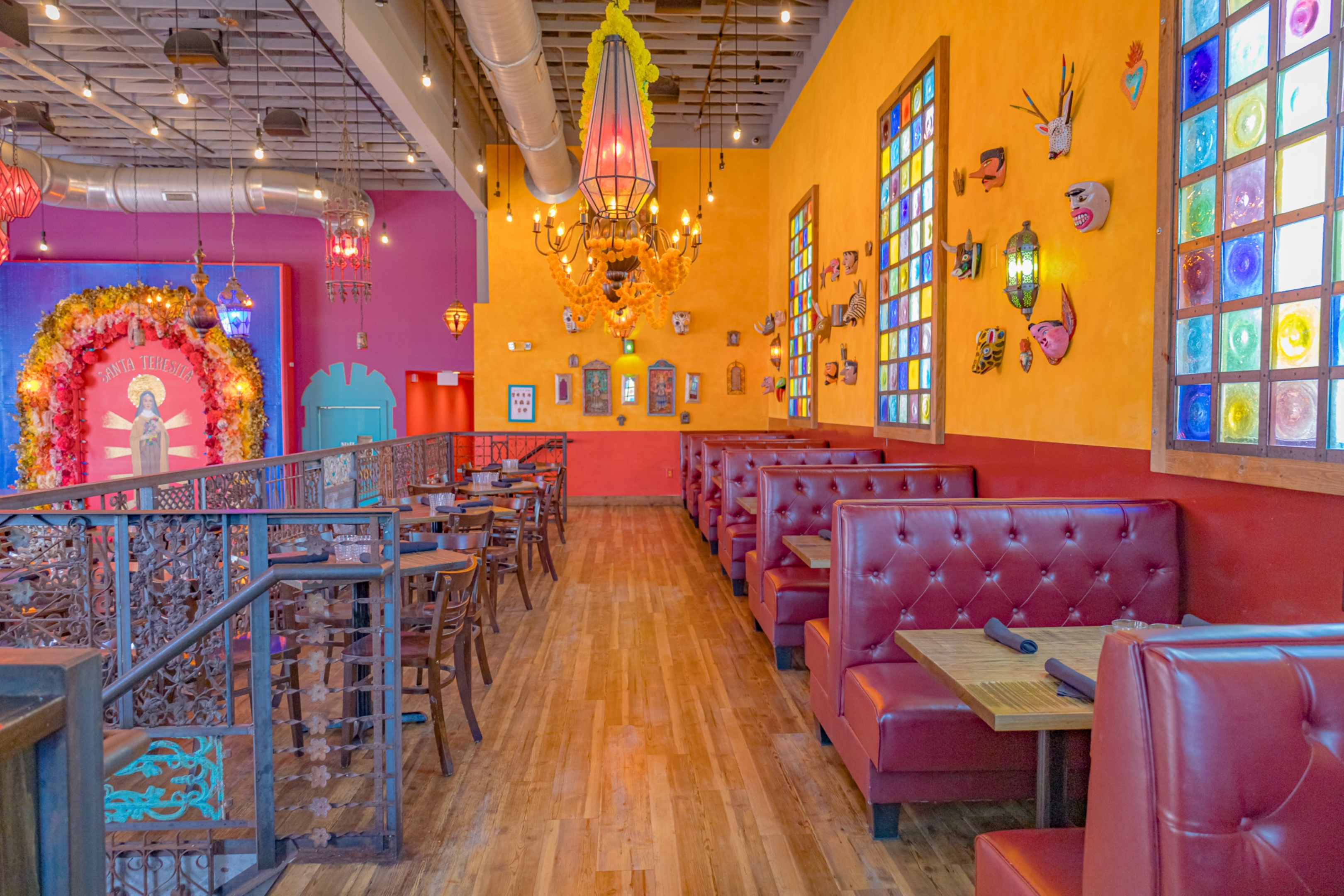 a room with tables and chairs