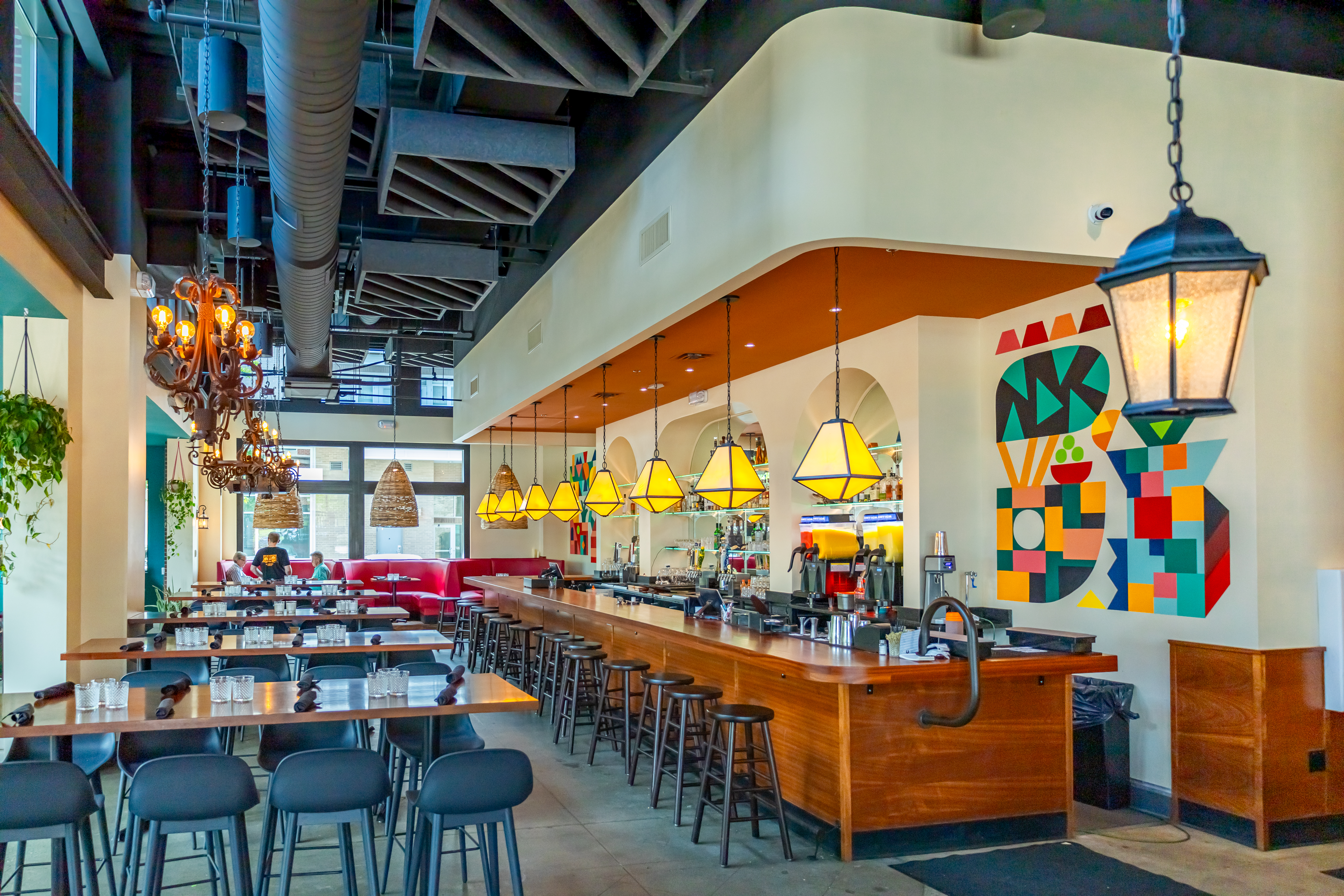 a room with tables and chairs