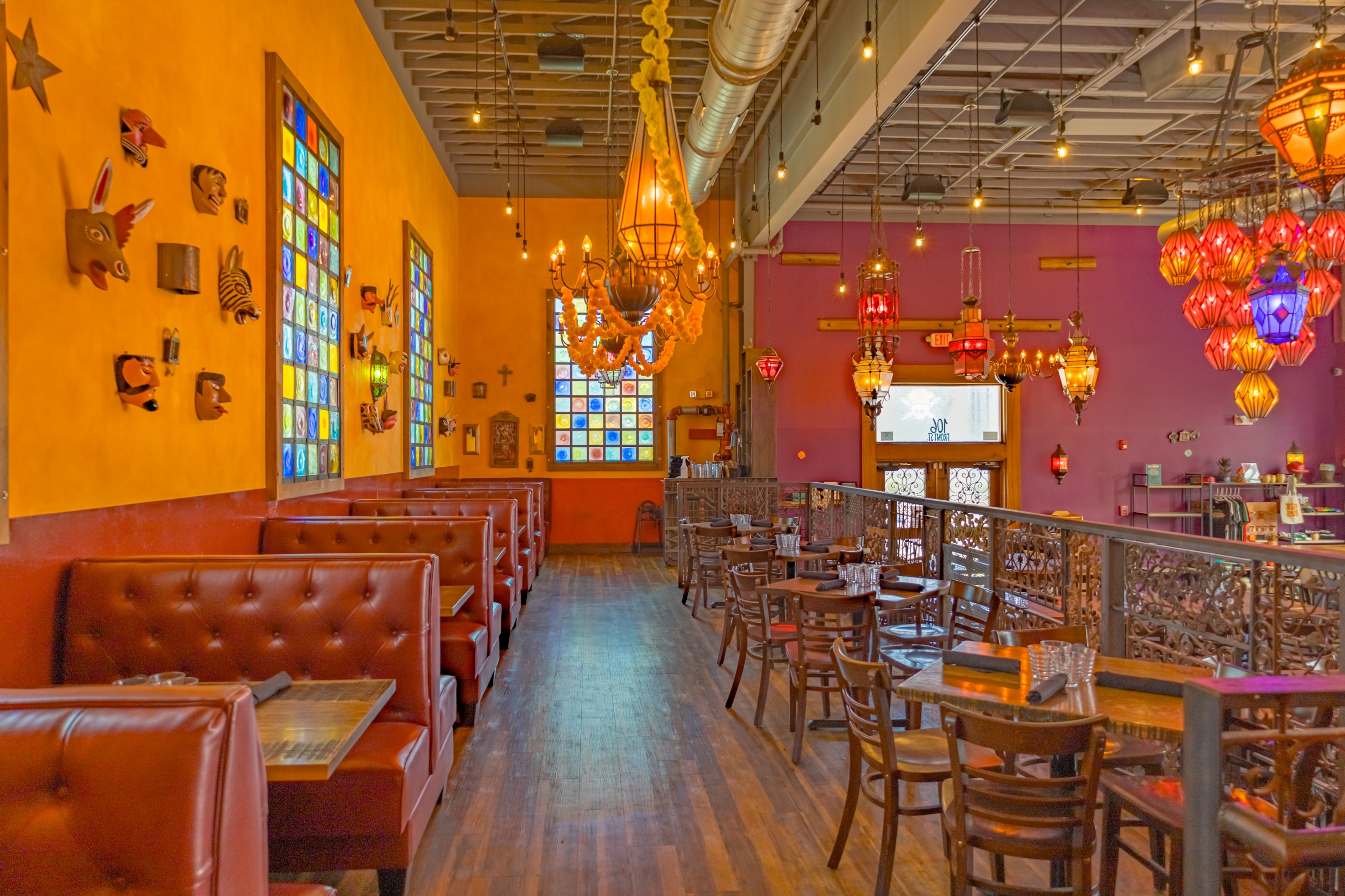 a room with tables and chairs