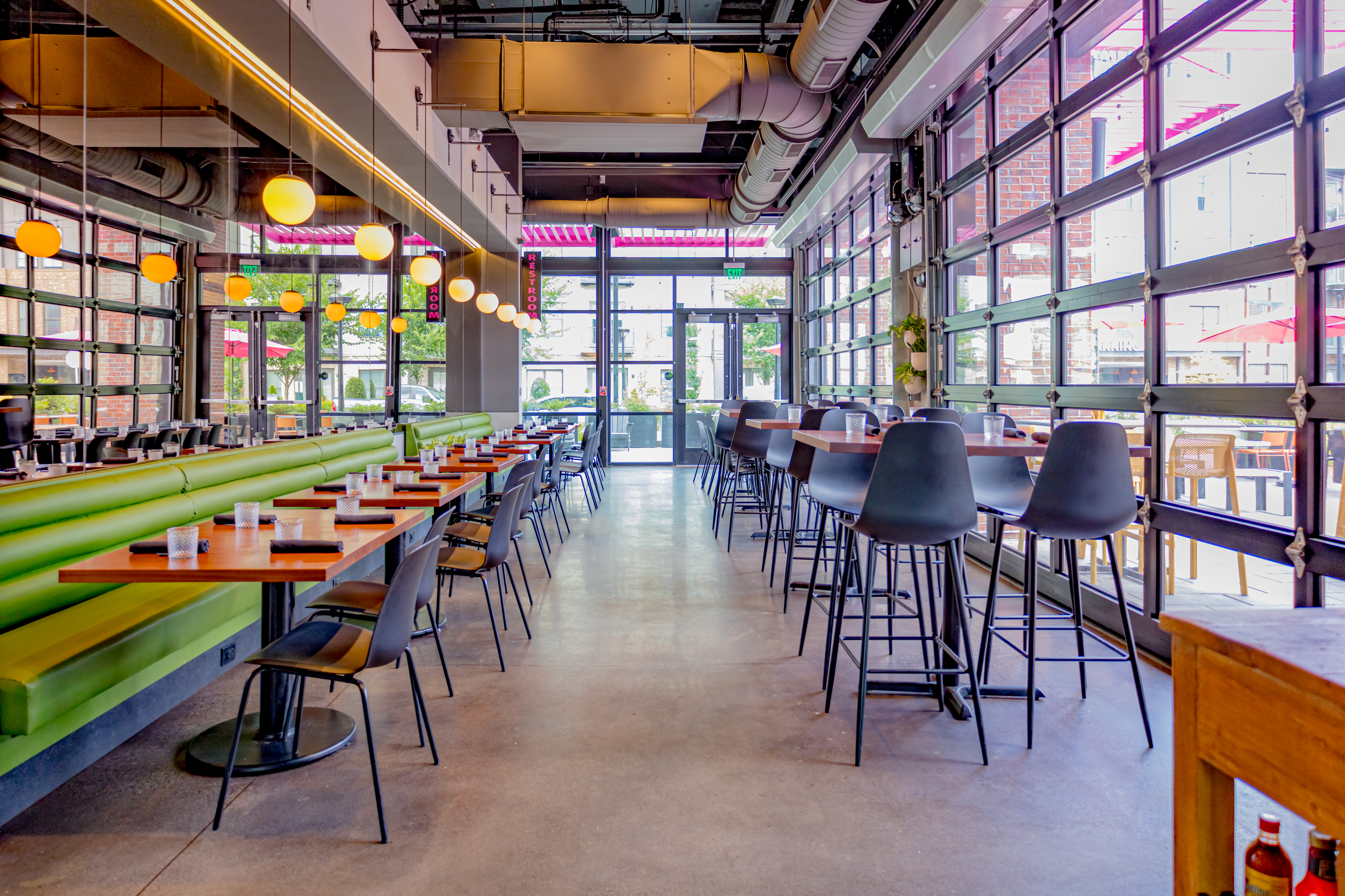 a dining room table in front of a store