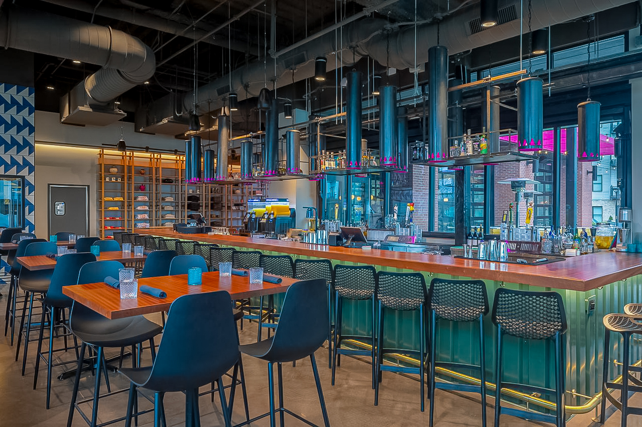 a chair sitting in front of a store