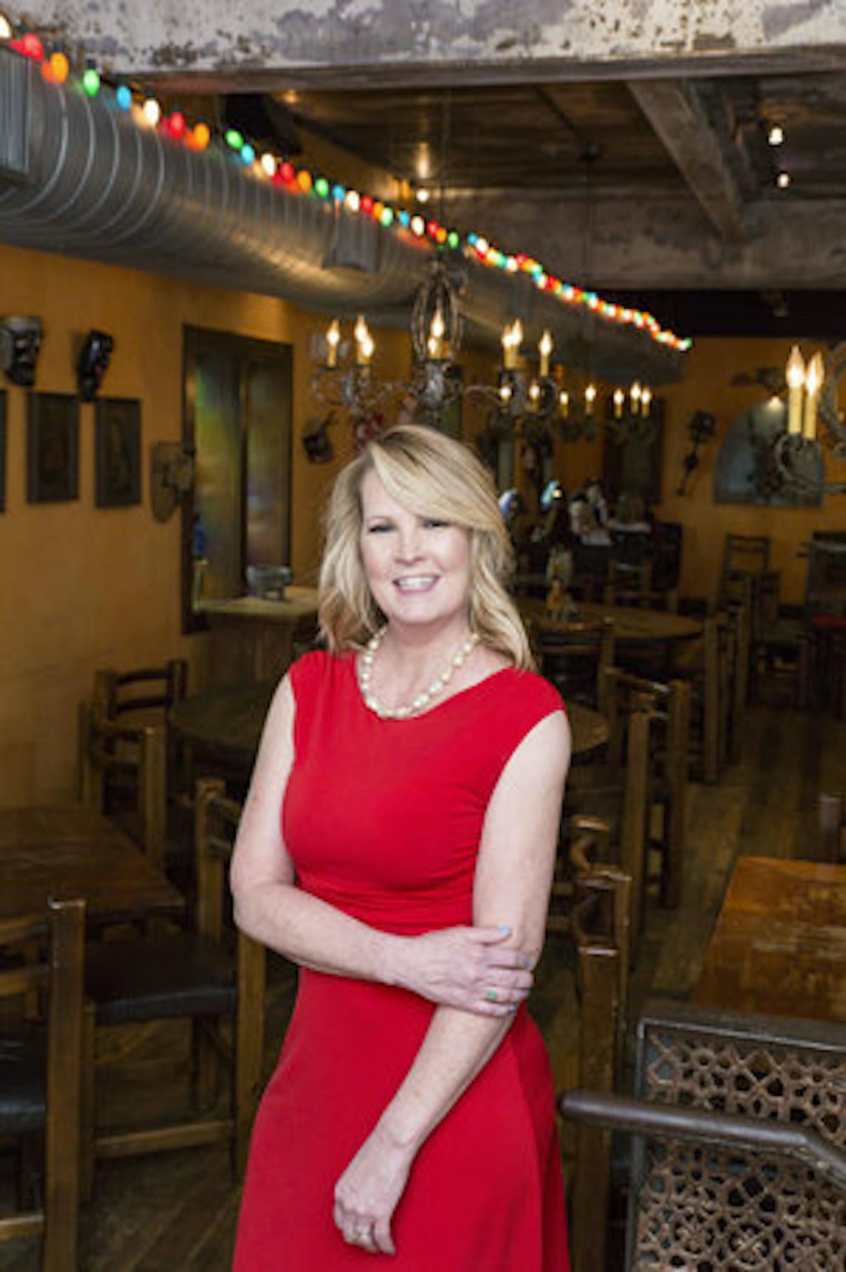 a woman in a red shirt