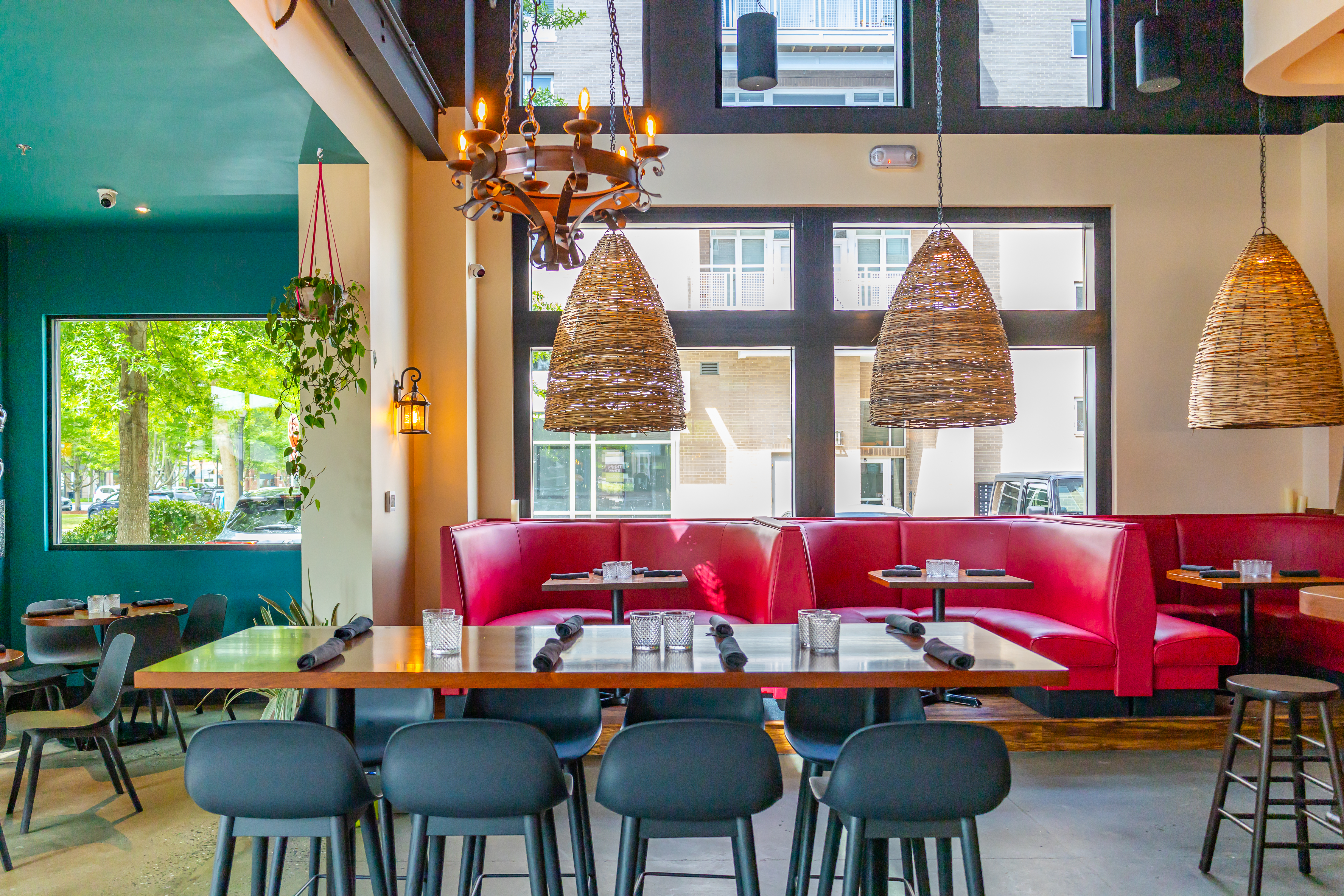 a room with tables and chairs