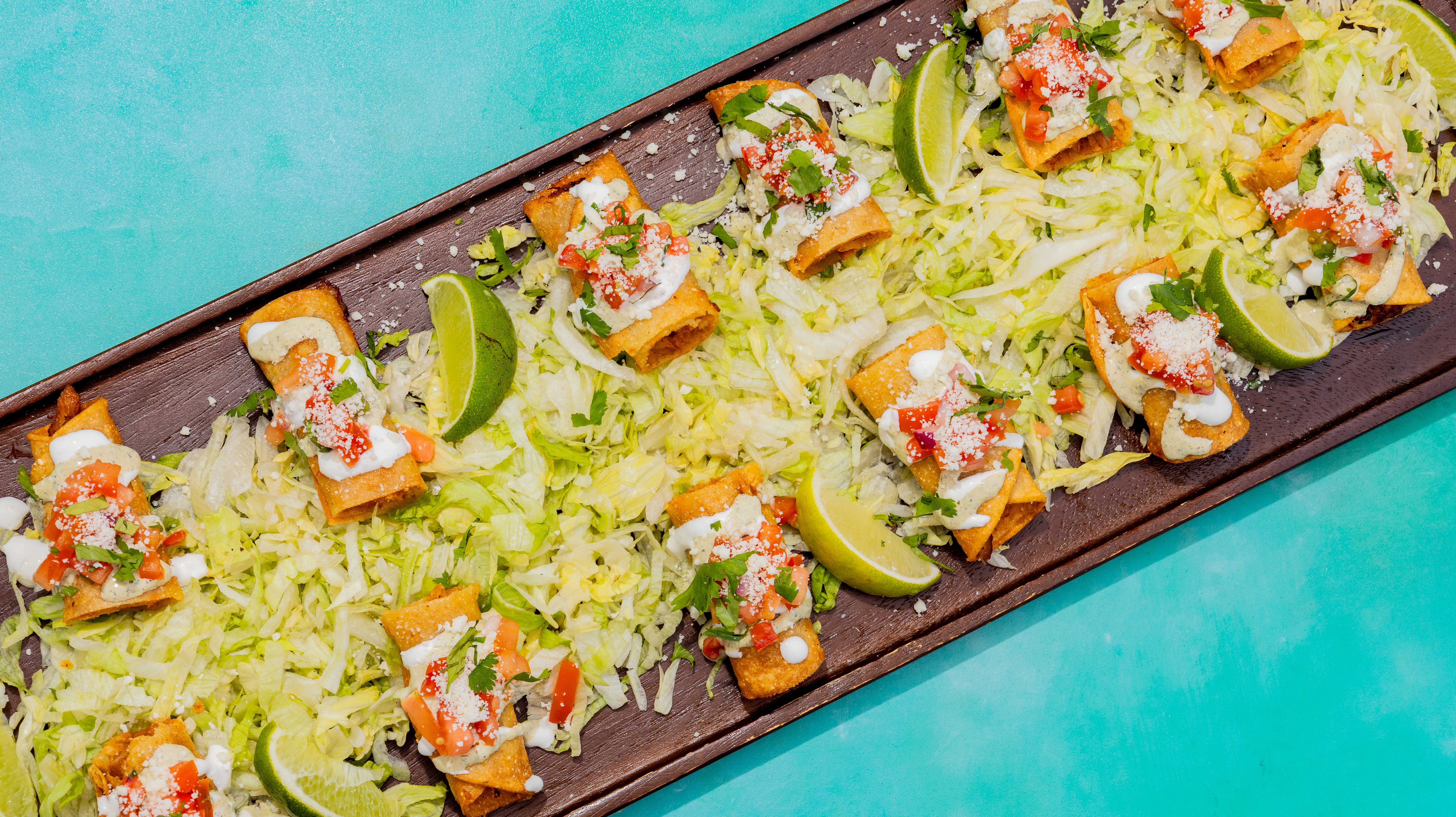 a tray of food on a blue surface