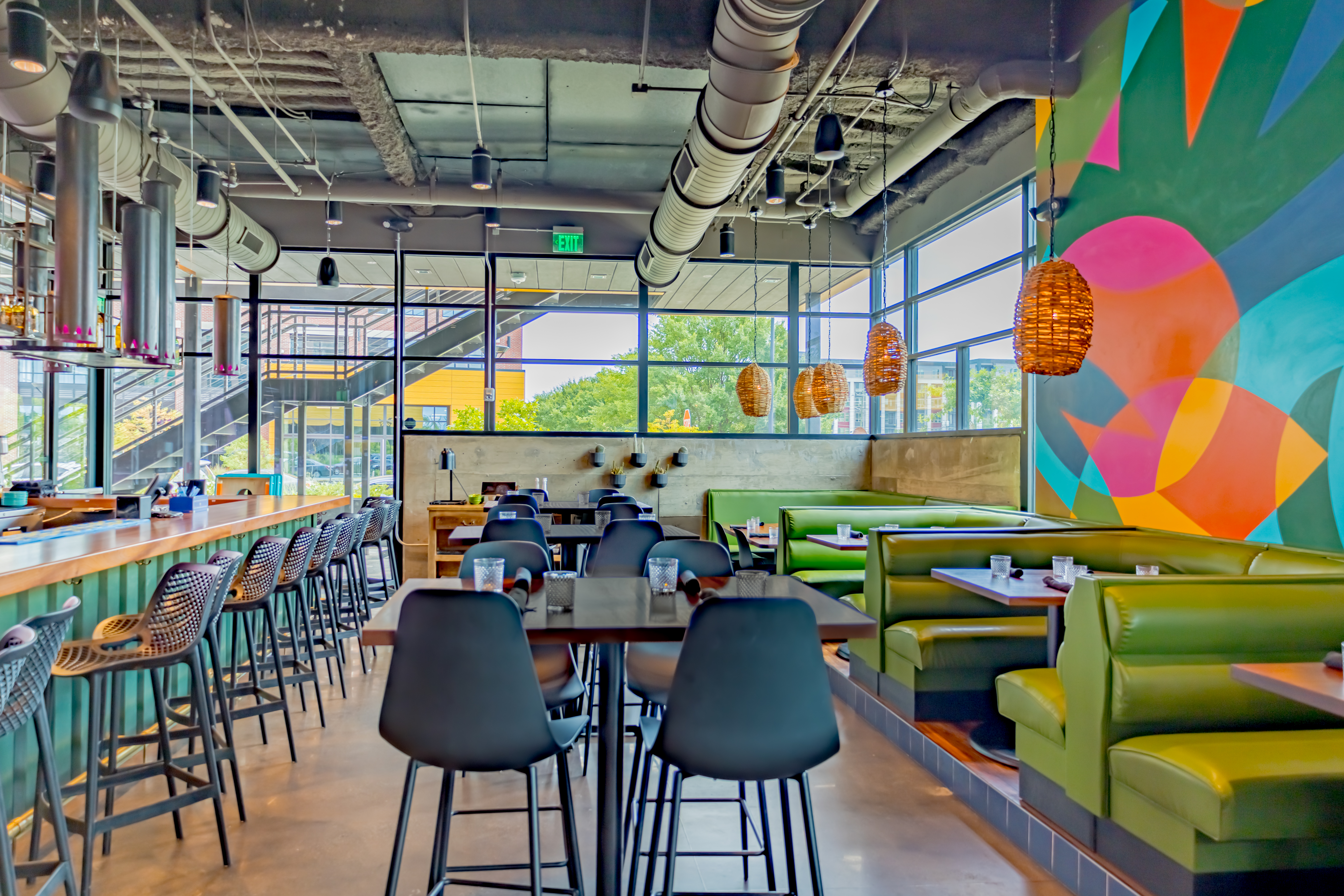 a room with tables and chairs