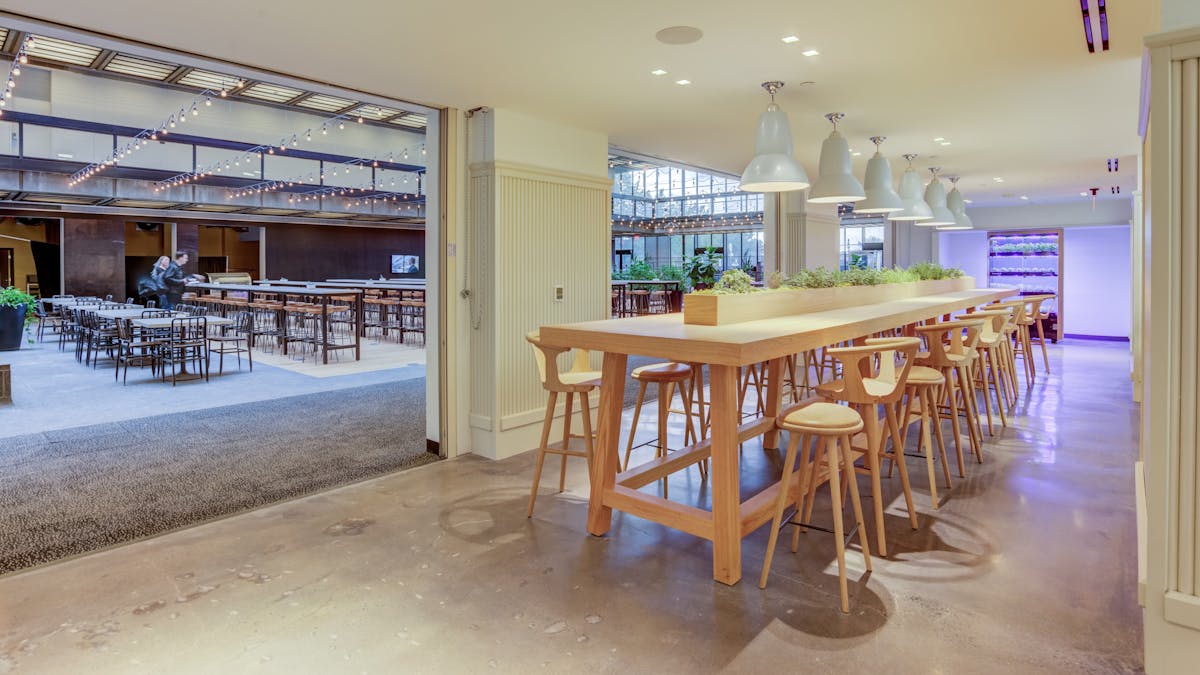 a dining room table in front of a building