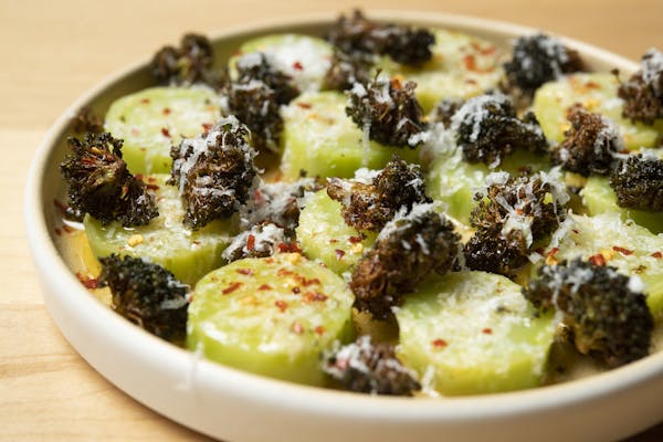 broccoli stem with chile flakes and fried florets