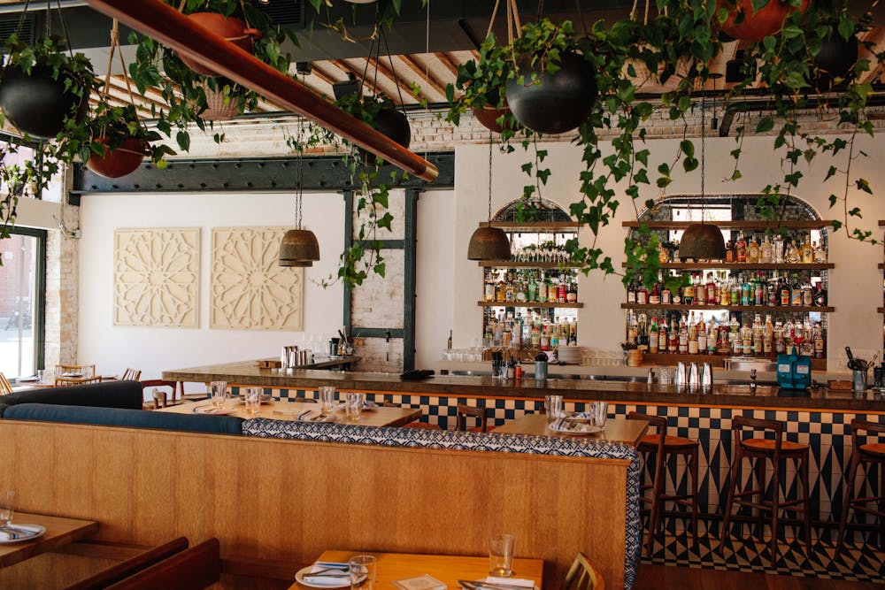 a dining room table in front of a building