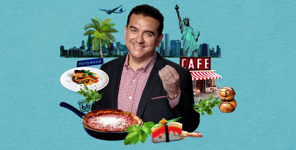 Buddy Valastro holding a plate of food on a table