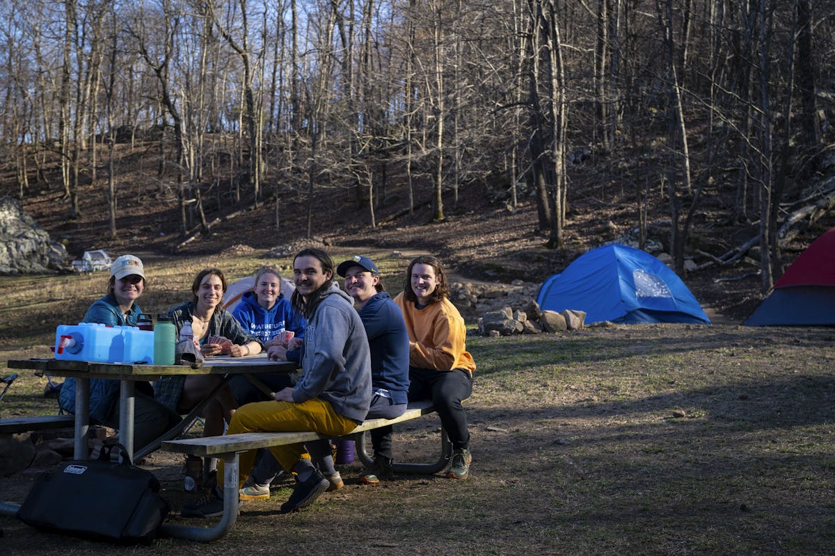 a group of people sitting on a bench in a park