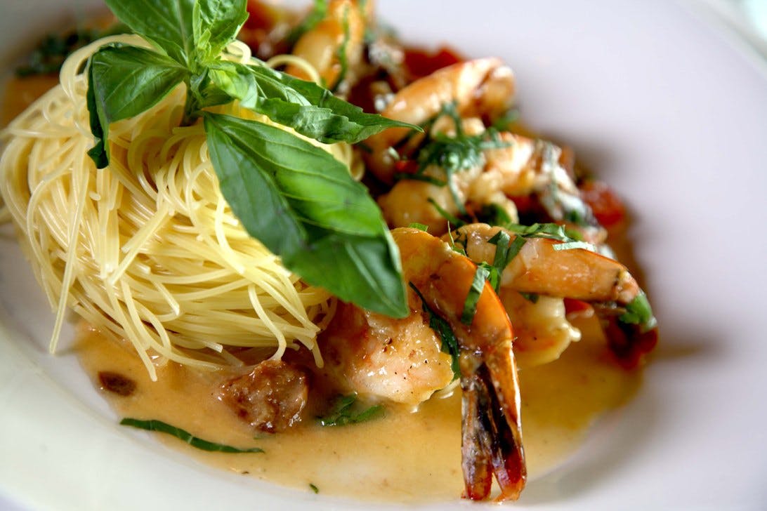 Pasta dish with shrimps.