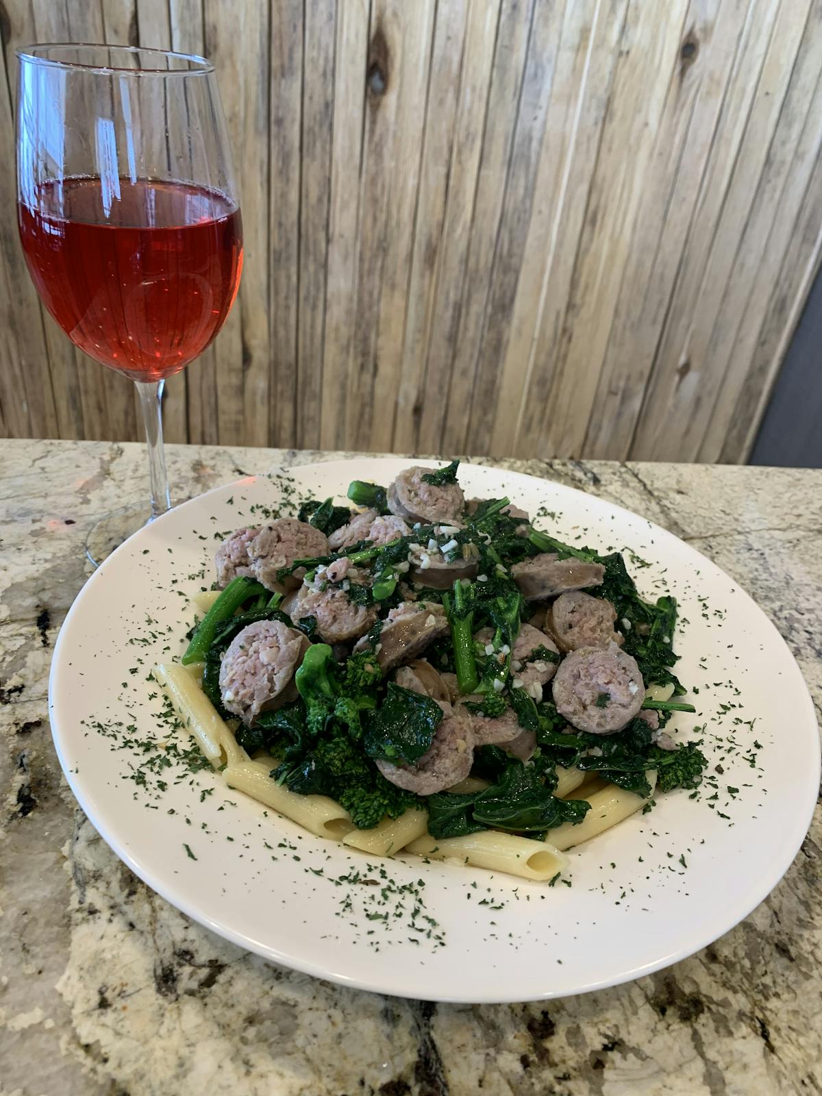 freshly made sausage from Meadow Meets. Tender broccoli rabe in a white Chablis sauce