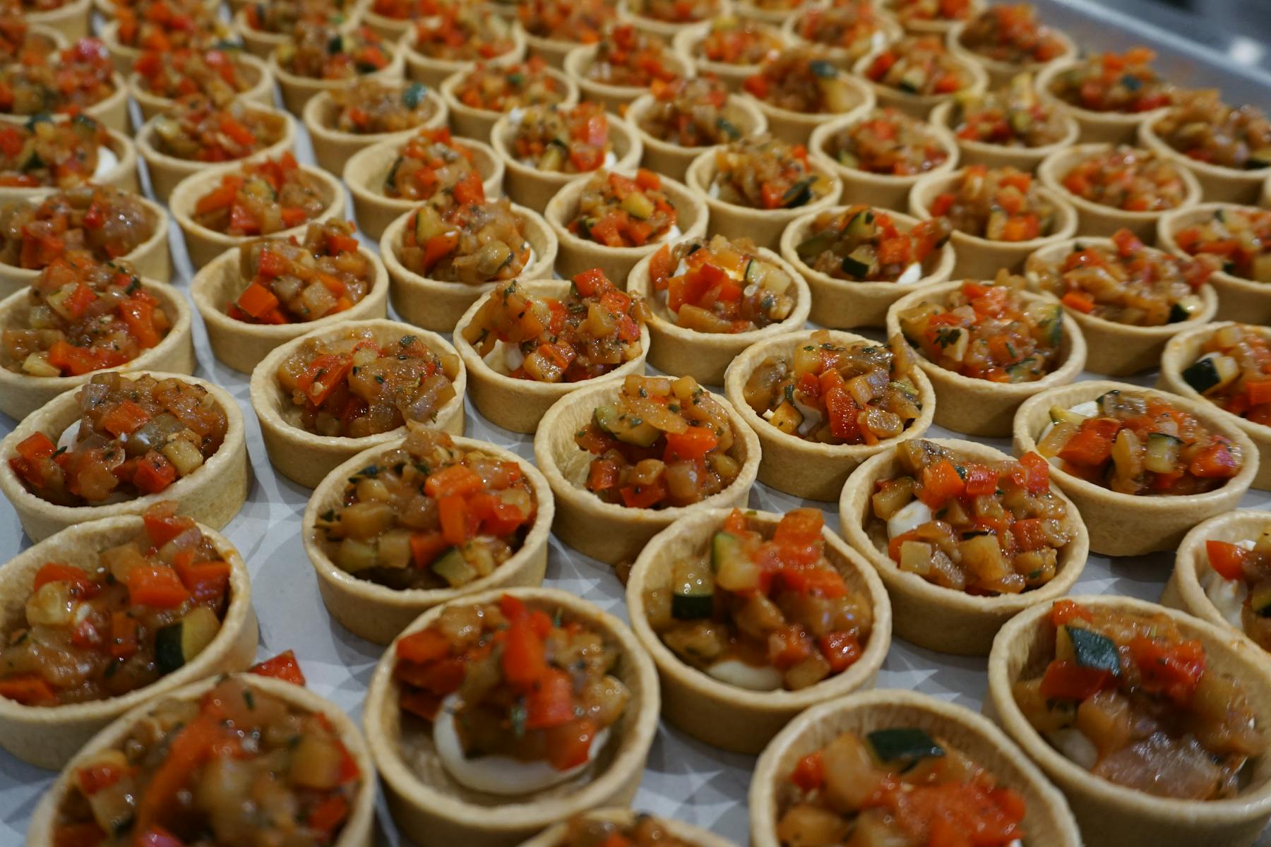 little tarts on a catering tray