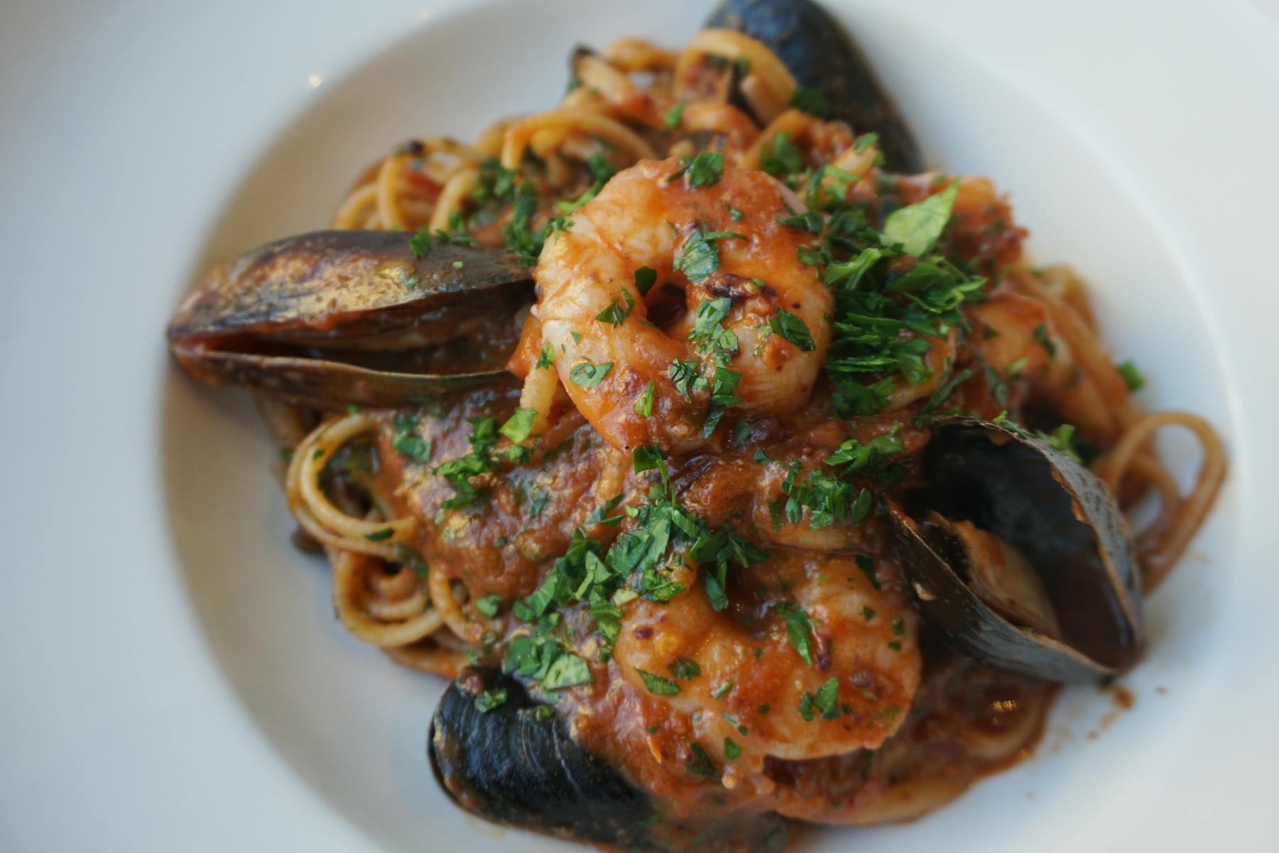 Pasta with mussels and shrimps.