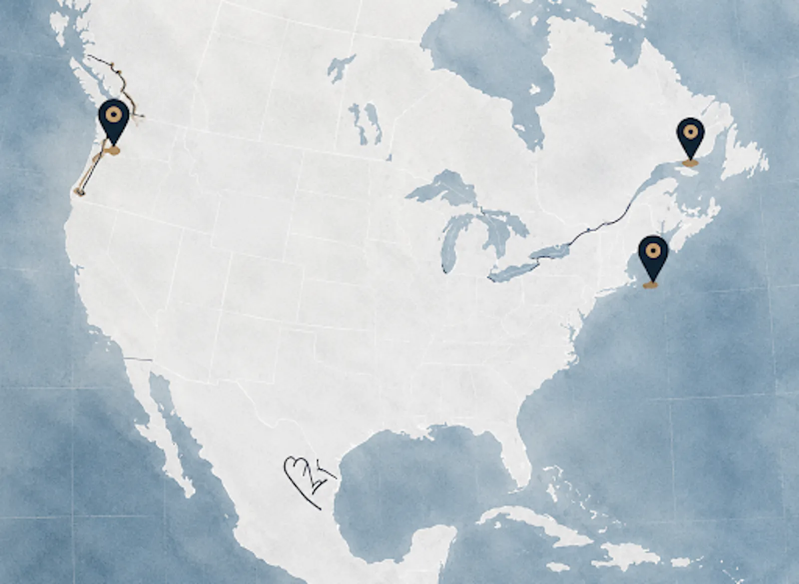 Map of The Oceanaire's oyster-growing regions in the Pacific Northwest, the East Coast and Duxbury Bay, Massachusetts