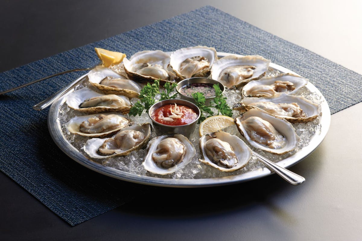 a plate of raw oysters