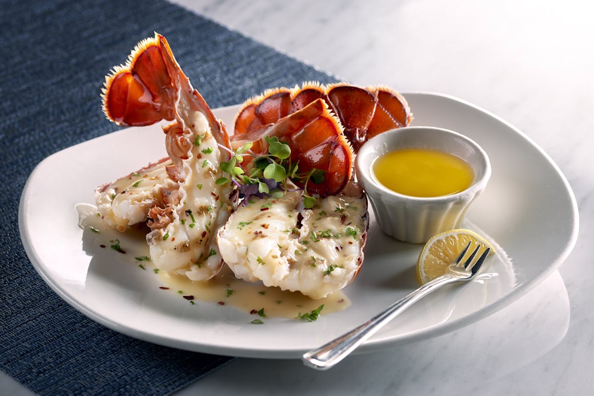 a plate of lobster with sauce on the side