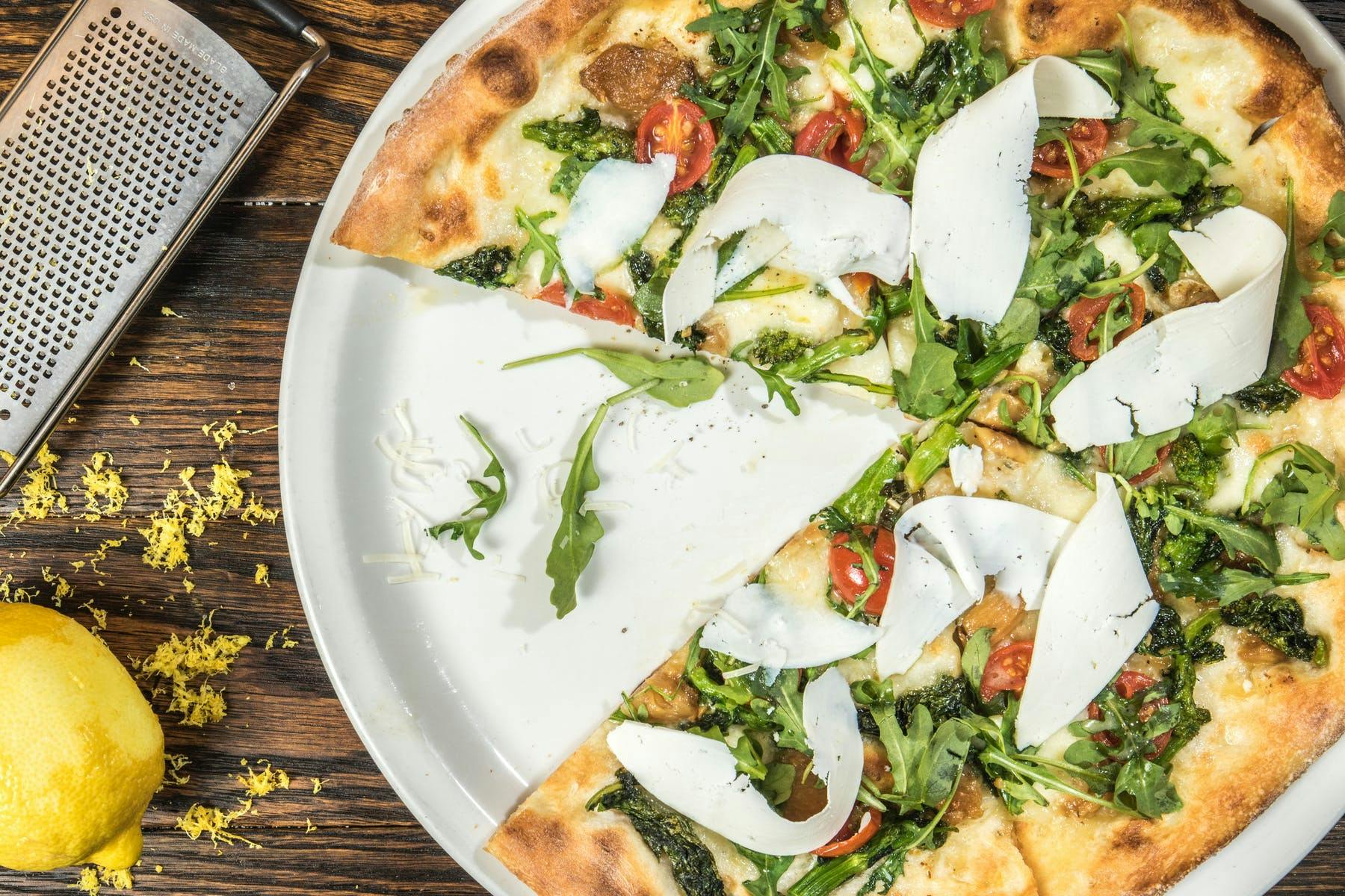 an overview of a sliced pizza