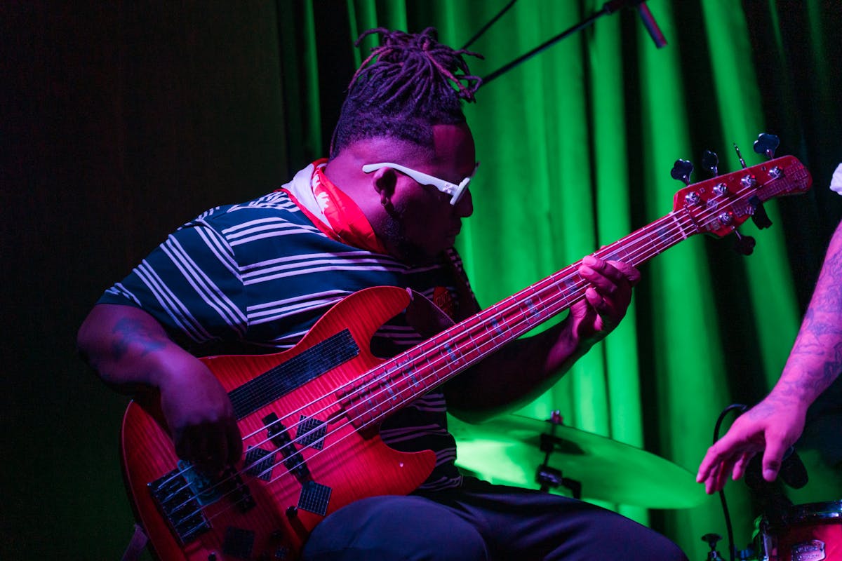 Band member playing bass at Las Vegas live music venue Easys