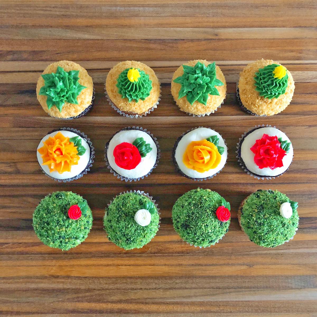 lineup of cupcakes