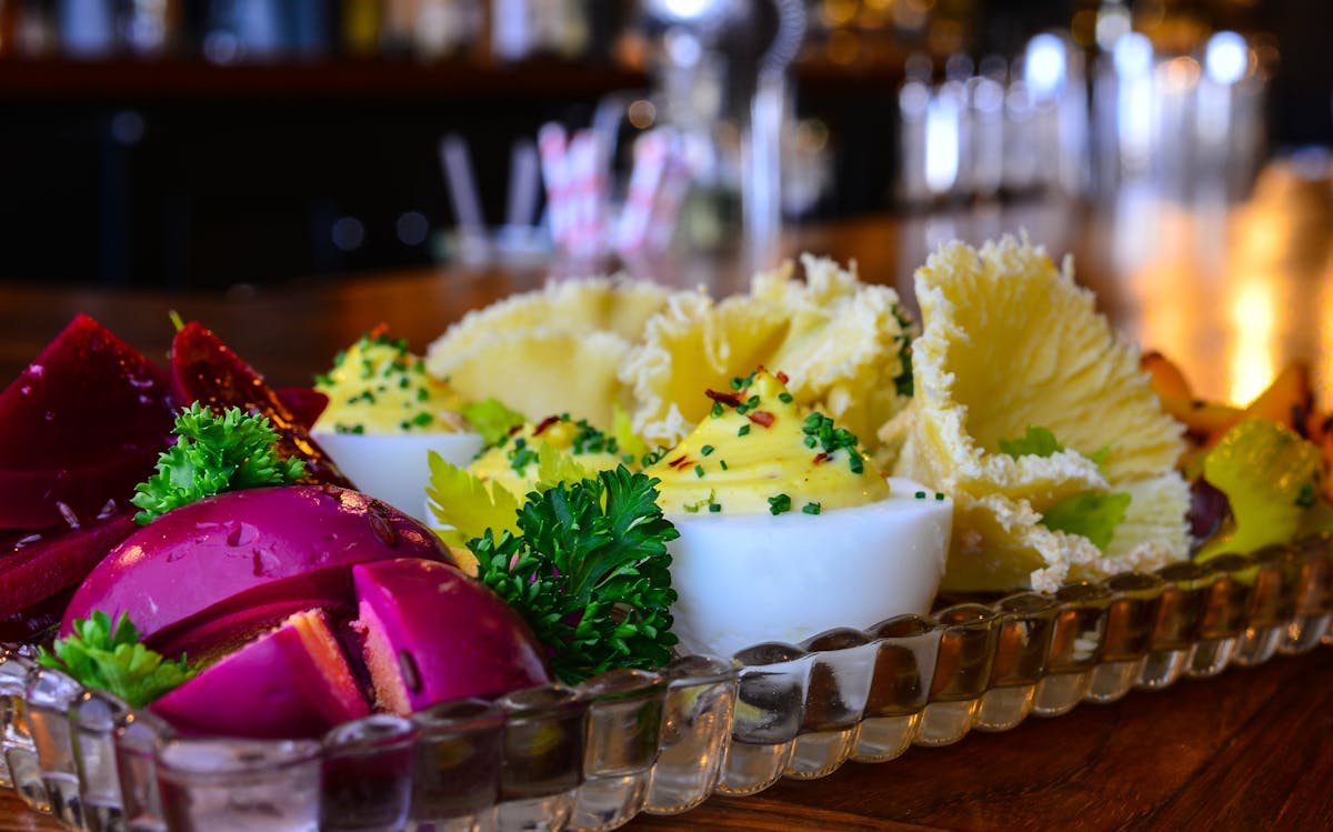 a close up of deviled eggs