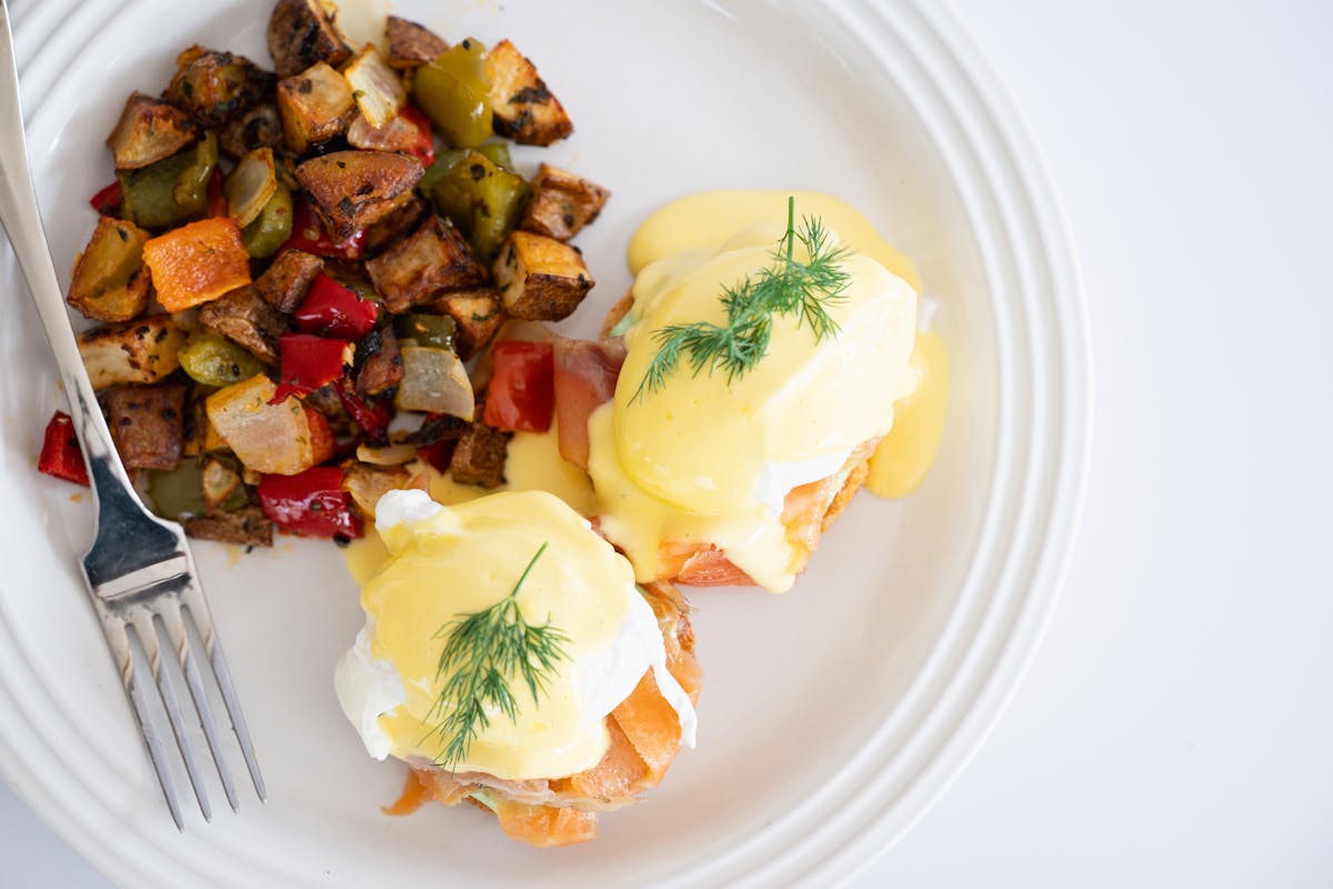 Salmon benedict eggs benedict at Sunday brunch
