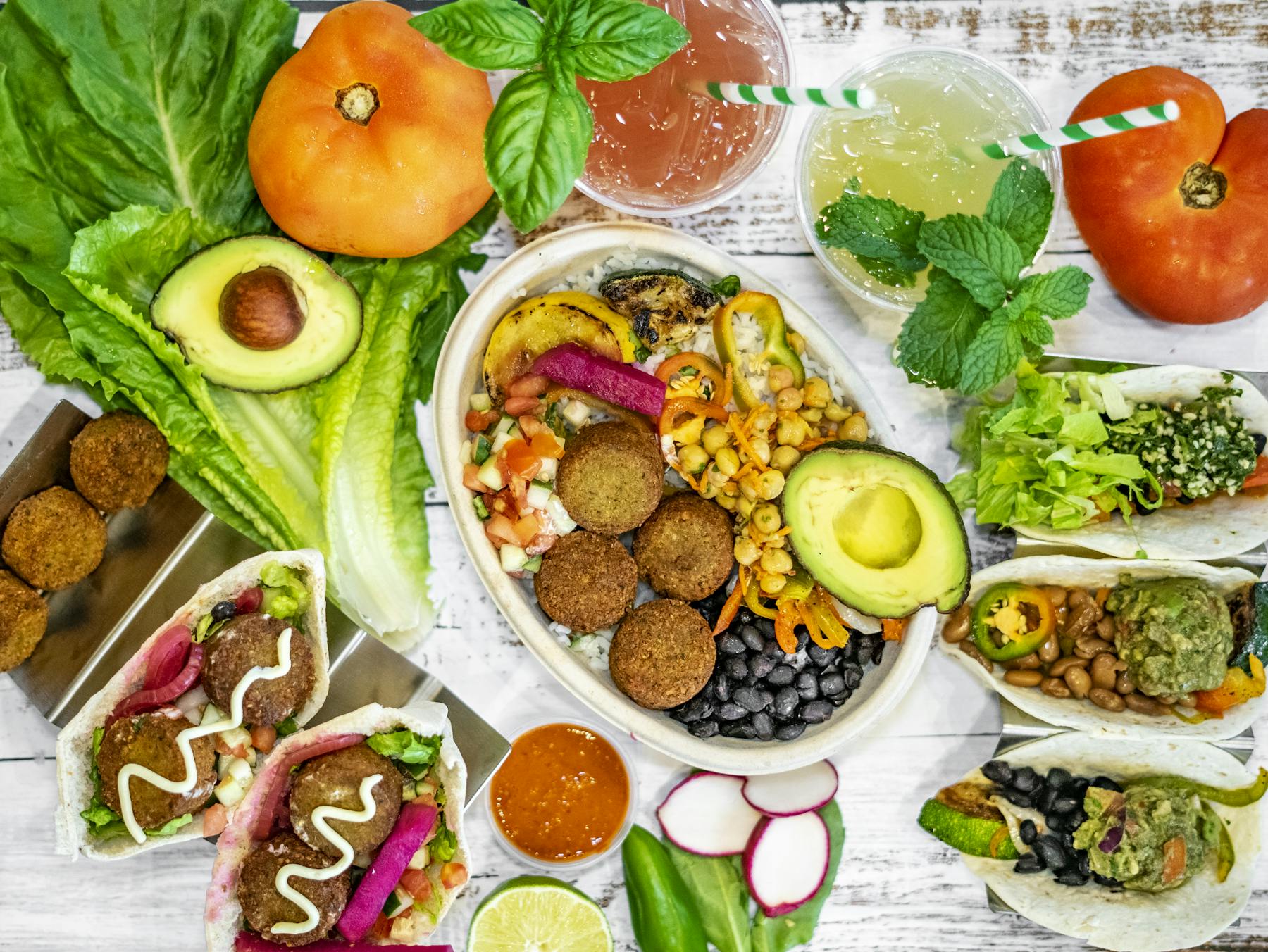 a group of different types of food on a table