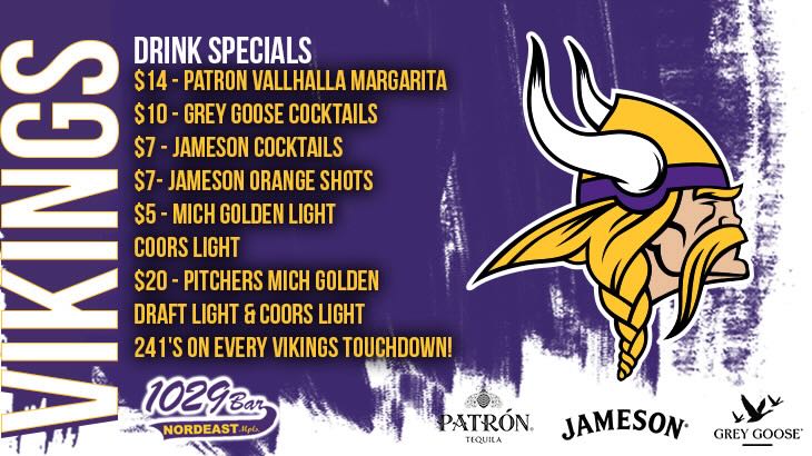 yellow text on purple describing Viking game day drink specials at the 1029
