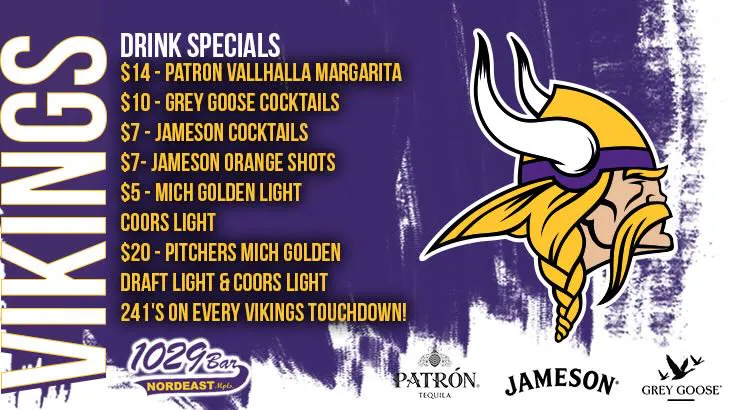 yellow text on purple describing Viking game day drink specials at the 1029