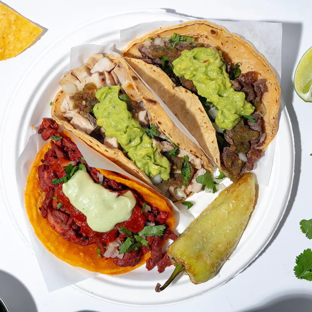 Three tacos served by the best taco restaurant near Cambodia Town, Long Beach CA.