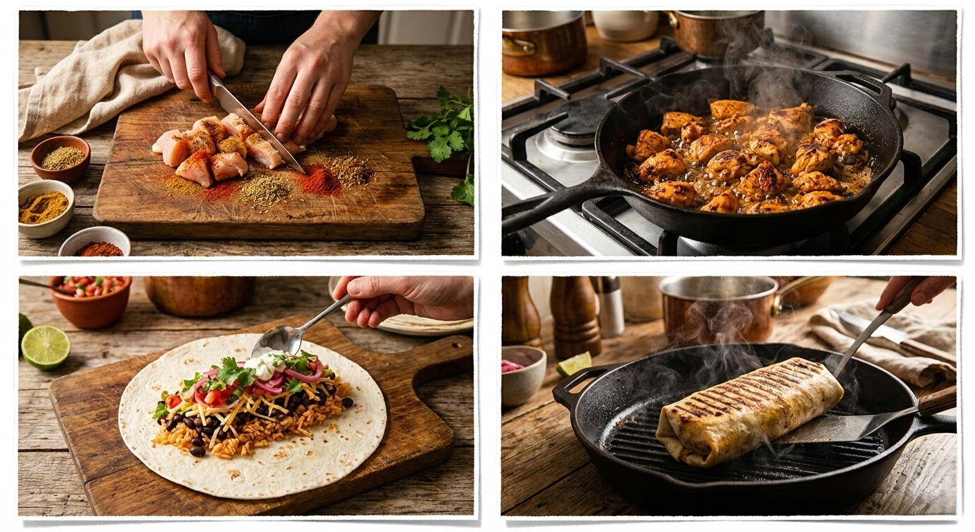 Step by step chicken burrito recipe process — seasoning chicken, cooking in pan, assembling toppings, and toasting the burrito