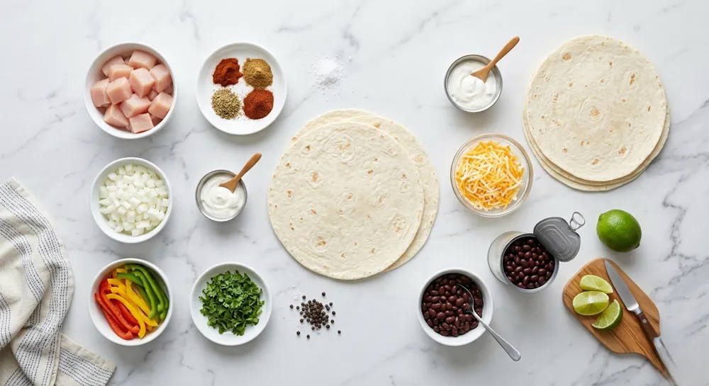 All ingredients for homemade chicken burrito recipe including chicken, spices, rice, beans, cheese and tortillas laid flat on countertop