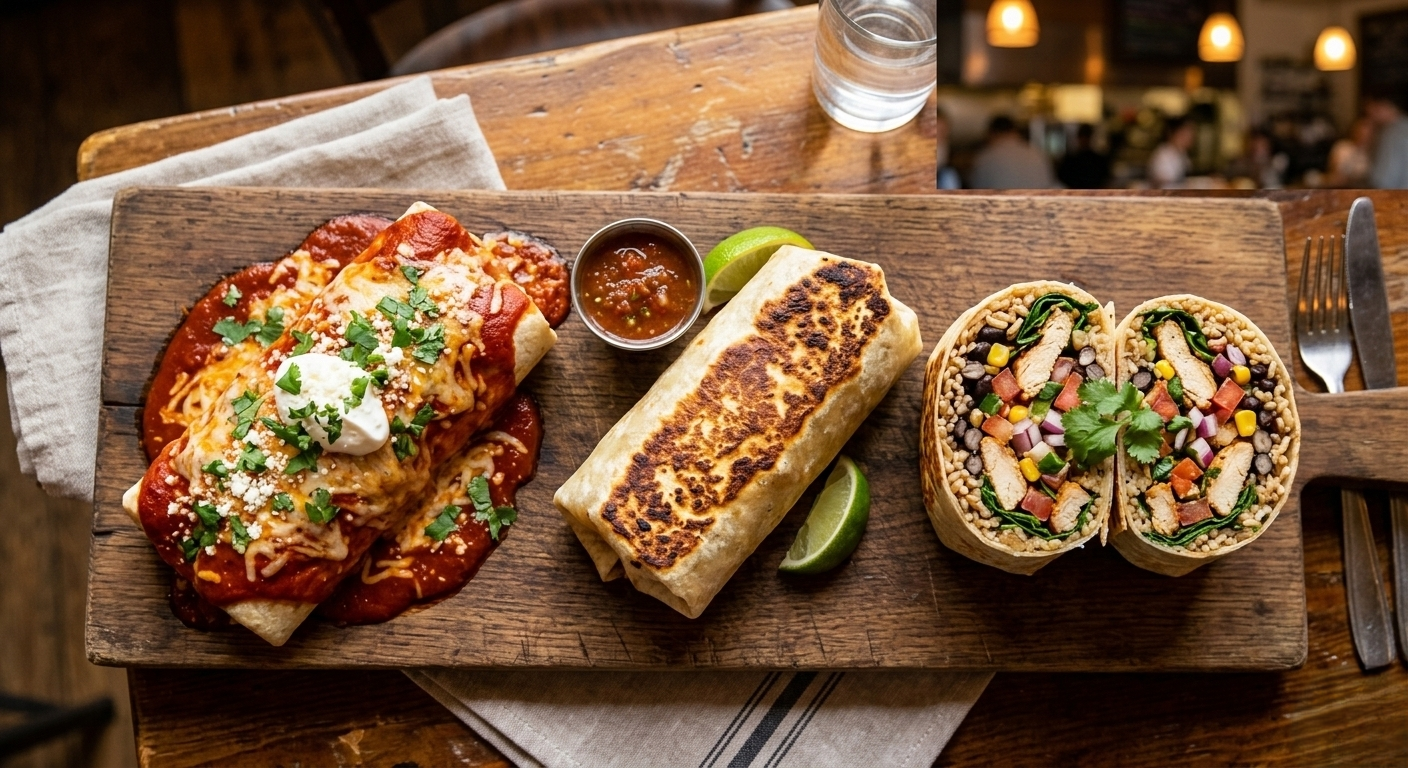 Three chicken burrito recipe variations — baked smothered, crispy pan-toasted, and healthy version displayed side by side