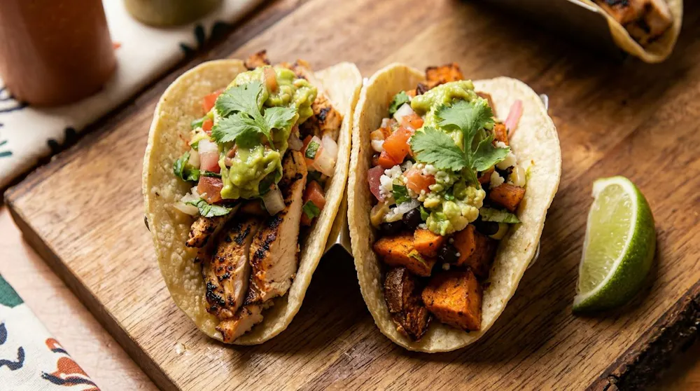 Taco Tuesday at Taco Masa Long Beach showing juicy grilled chicken taco and vegetarian taco with fresh guacamole pico de gallo and lime