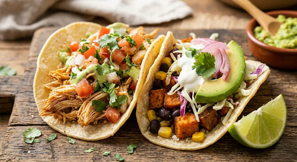 Taco Tuesday tacos at Taco Masa showing juicy grilled chicken taco and vegetarian taco with fresh toppings and lime