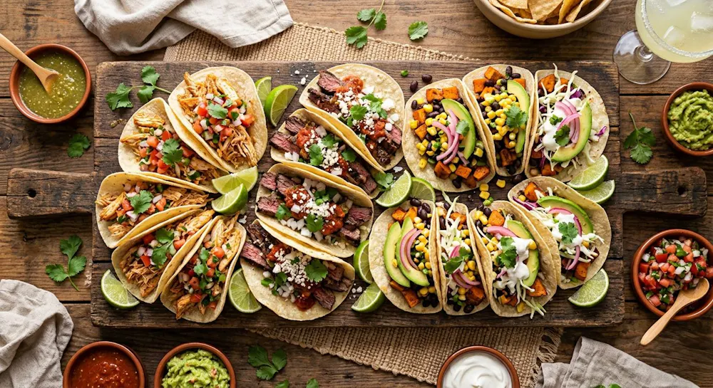 Taco Tuesday spread at Taco Masa showing loaded chicken tacos vegetarian tacos and fresh toppings on a wooden board