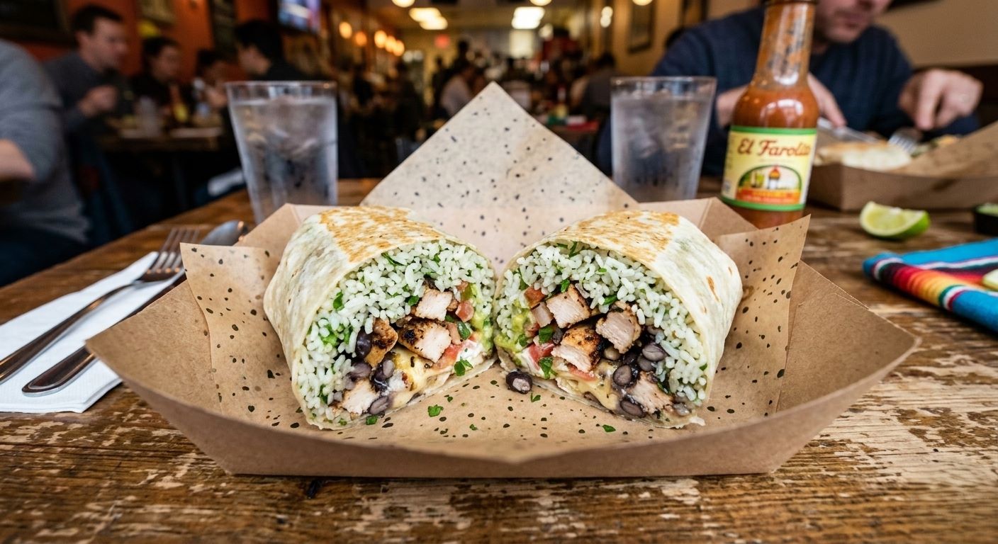 Chicken and rice burrito at Taco Masa Long Beach — cilantro lime rice, grilled chicken, black beans, fresh salsa