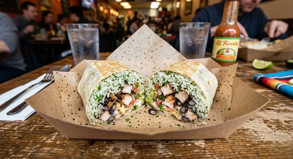 Chicken and rice burrito at Taco Masa Long Beach — cilantro lime rice, grilled chicken, black beans, fresh salsa