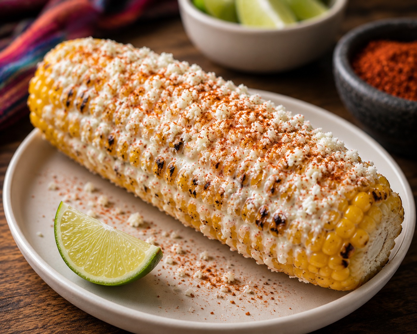Fresh Elote (Mexican street corn) served on the cob at Tacomasa with authentic Mexican flavors.