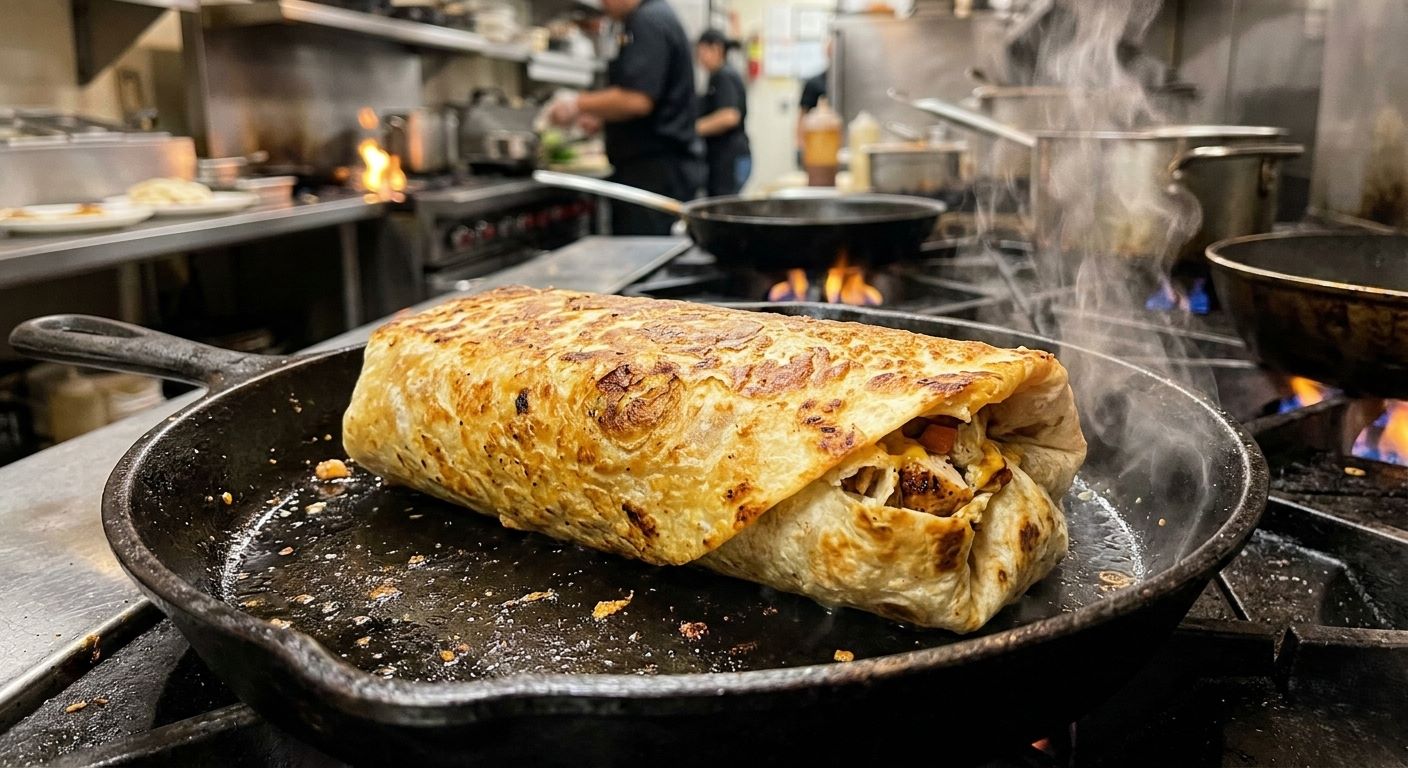 Crispy chicken burrito pan-toasted at Taco Masa Long Beach — golden flour tortilla with melted cheese inside