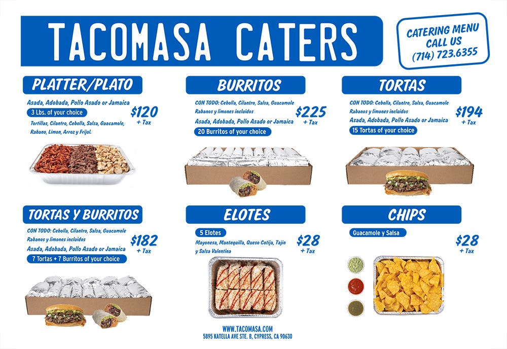 Our menu for Mexican food catering near Cypress South, Cypress, California.
