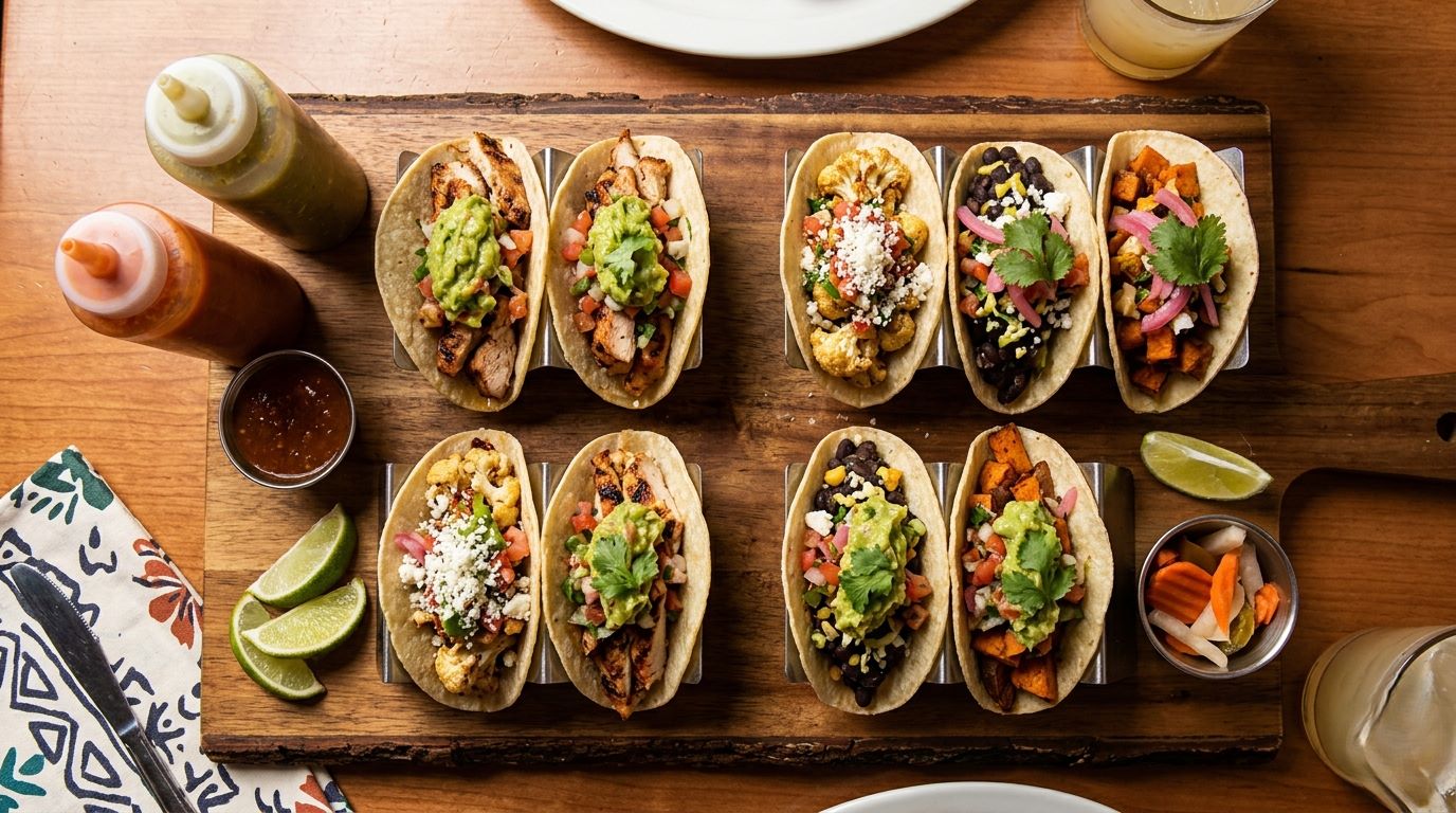 Taco Tuesday in Long Beach at Taco Masa showing fresh juicy chicken tacos and vegetarian tacos with bold flavors and fresh toppings