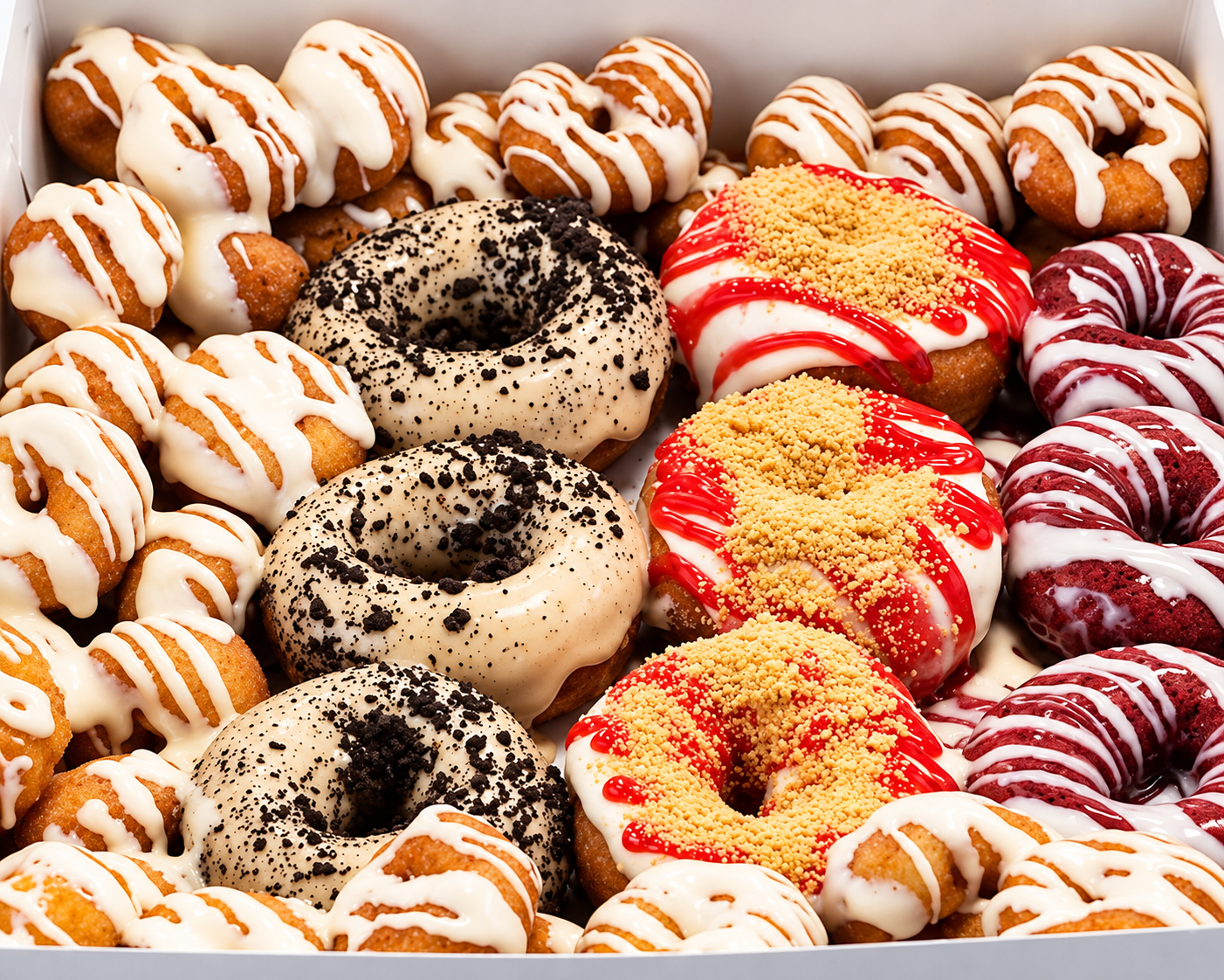 An assortment of Cinnabomb artisan donuts with colorful toppings