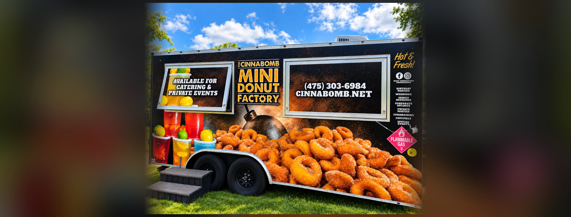 The Cinnabomb Mini-Donut Factory food truck with colorful donut branding