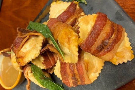 Bacon wrapped ravioli