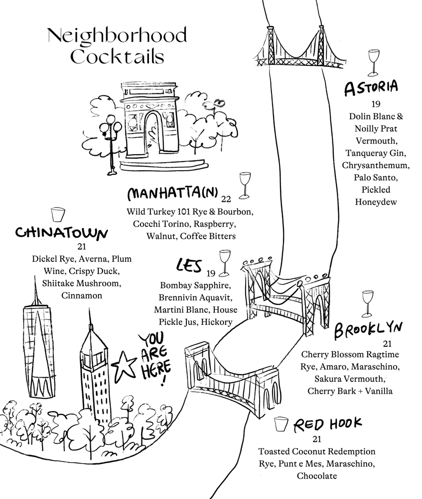 A map of manhattan and brooklyn with the neighborhood cocktails listed. the list of cocktails is below in the Neighborhood Cocktails section of the menu
