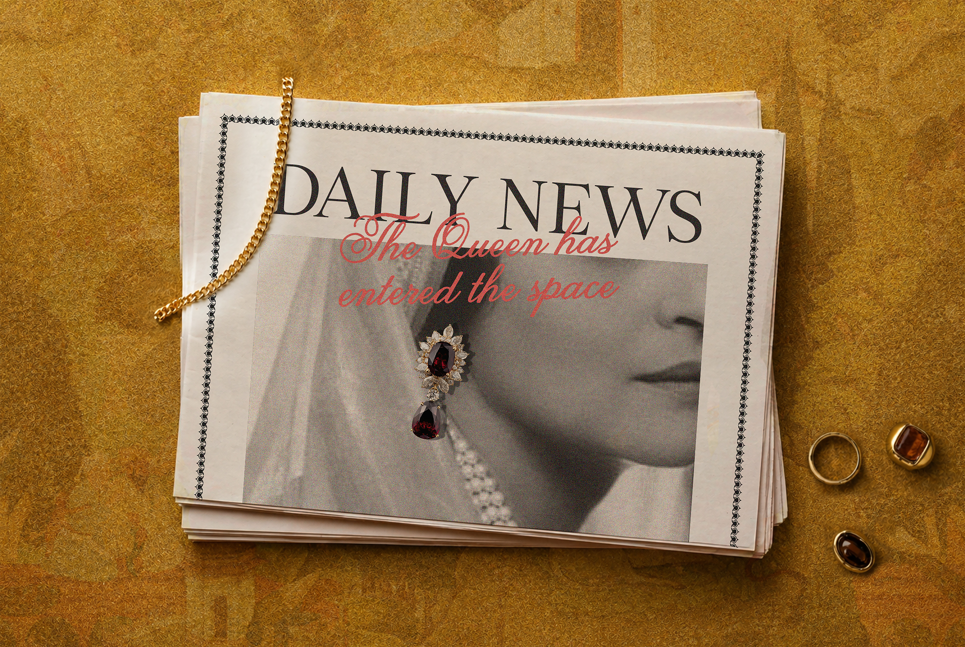 a stack of newspapers with a gold chain