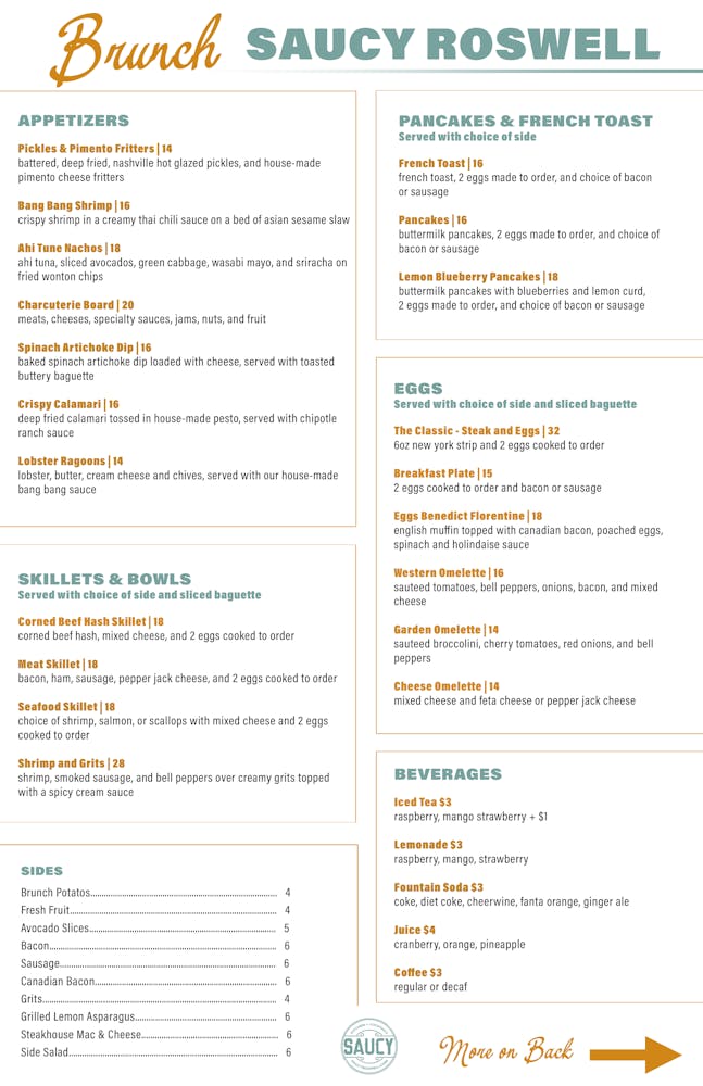 Brunch Menu Saucy American Restaurant in Roswell, GA